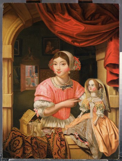 Girl Holding a Doll in an Interior with a Maid Sweeping Behind by Edwaert Colyer or Collier